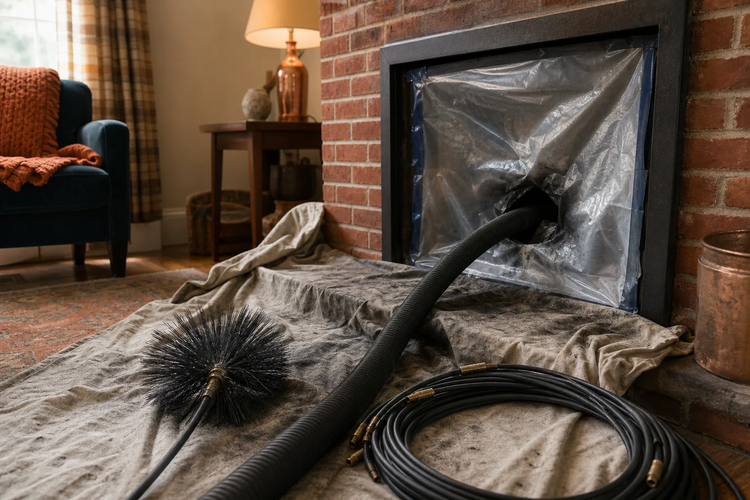 chimney and dryer vent cleaning: a fireplace sealed with a drop cloth and vacuum hose before a chimney sweep