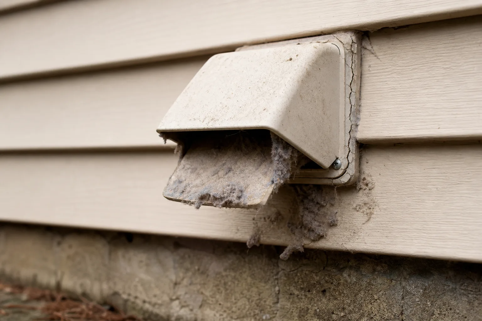 chimney and dryer vent cleaning: lint caught on the damper of an exterior dryer vent hood