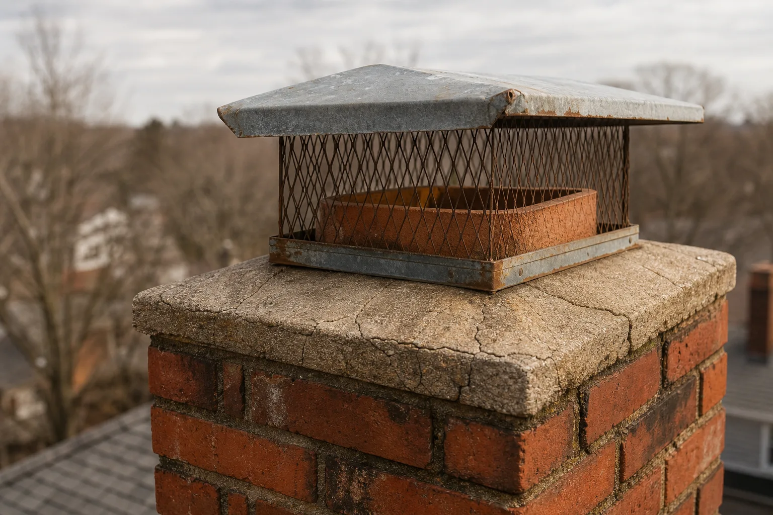 chimney and dryer vent cleaning: the crown, cap and clay flue tile at the top of a brick chimney stack