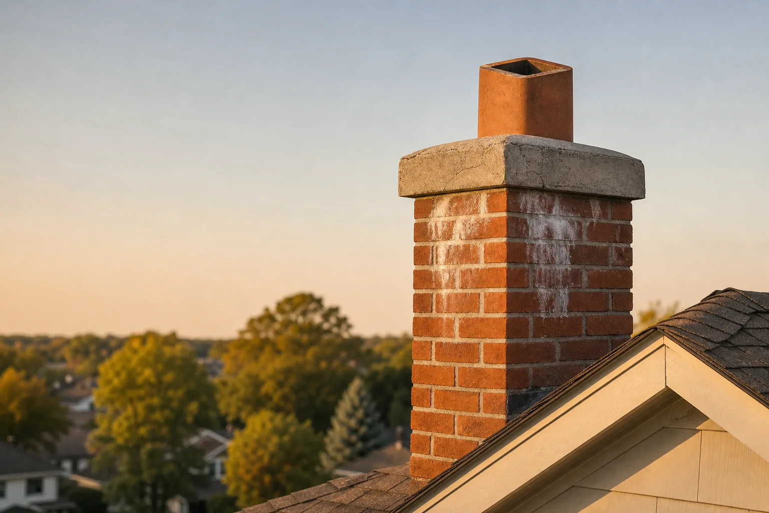 Smoke smell from fireplace when not in use often starts at an uncapped clay flue tile on a weathered brick chimney crown