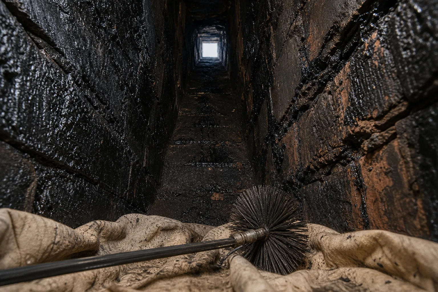 Smoke smell from fireplace when not in use comes from black creosote glaze that sweeping reduces but never fully removes