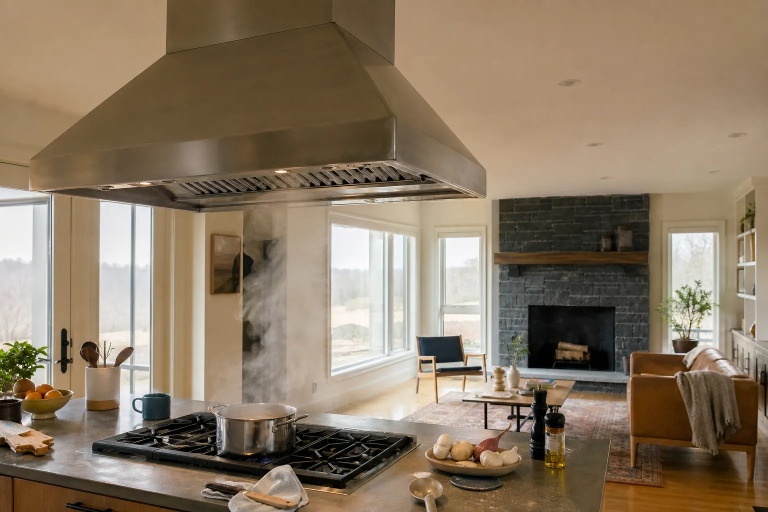 Smoke smell from fireplace when not in use gets worse when a range hood pulls household air out of the room