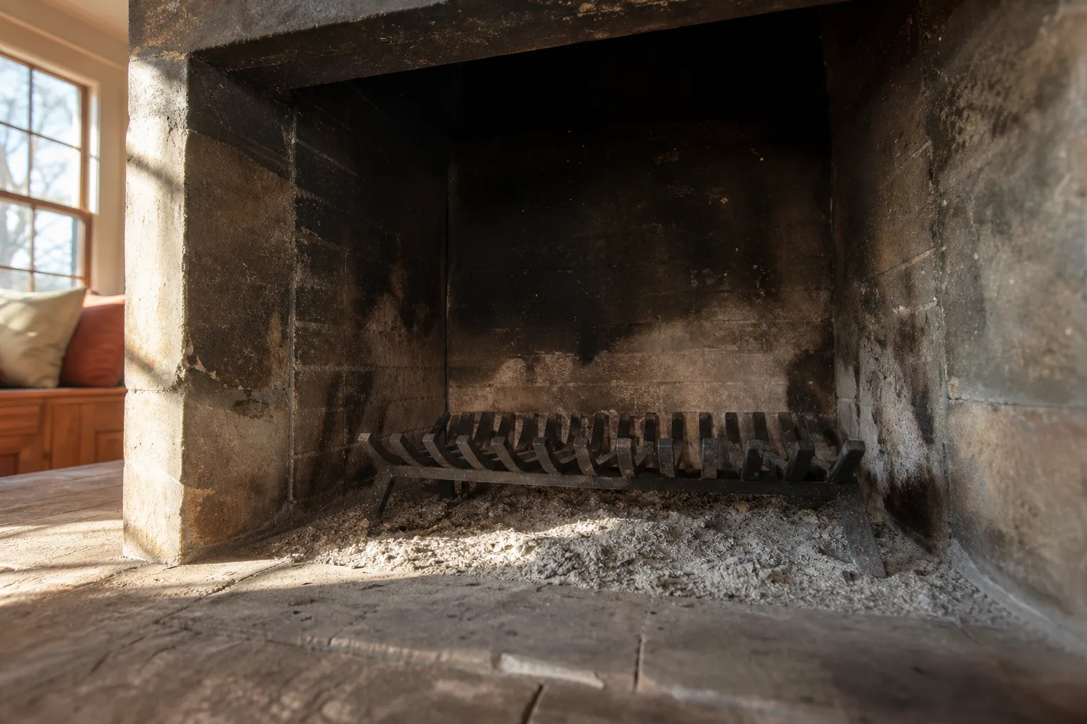 Smoke smell from fireplace when not in use rises from old ash and soot in a cold sooty firebox