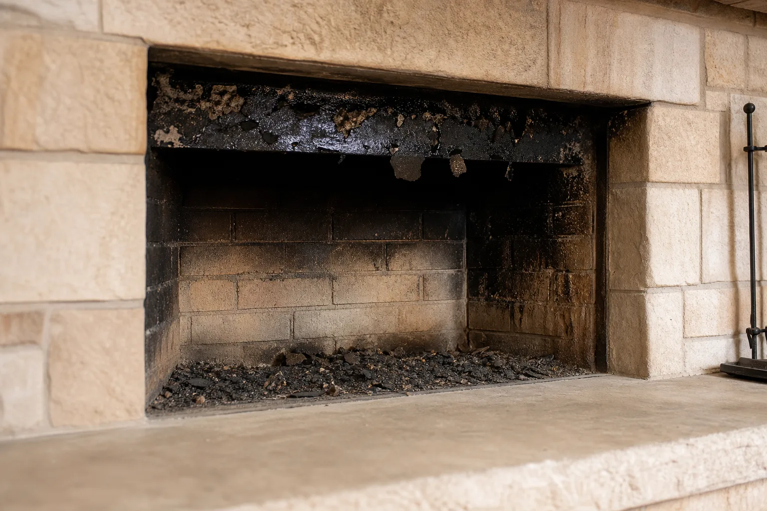 Black soot flakes and shiny creosote visible above an open fireplace damper
