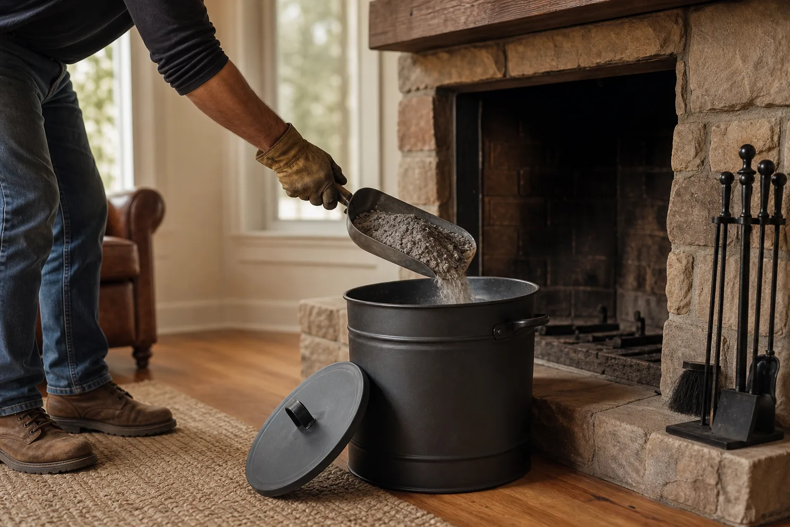 Homeowner placing cooled fireplace ash into a lidded metal container