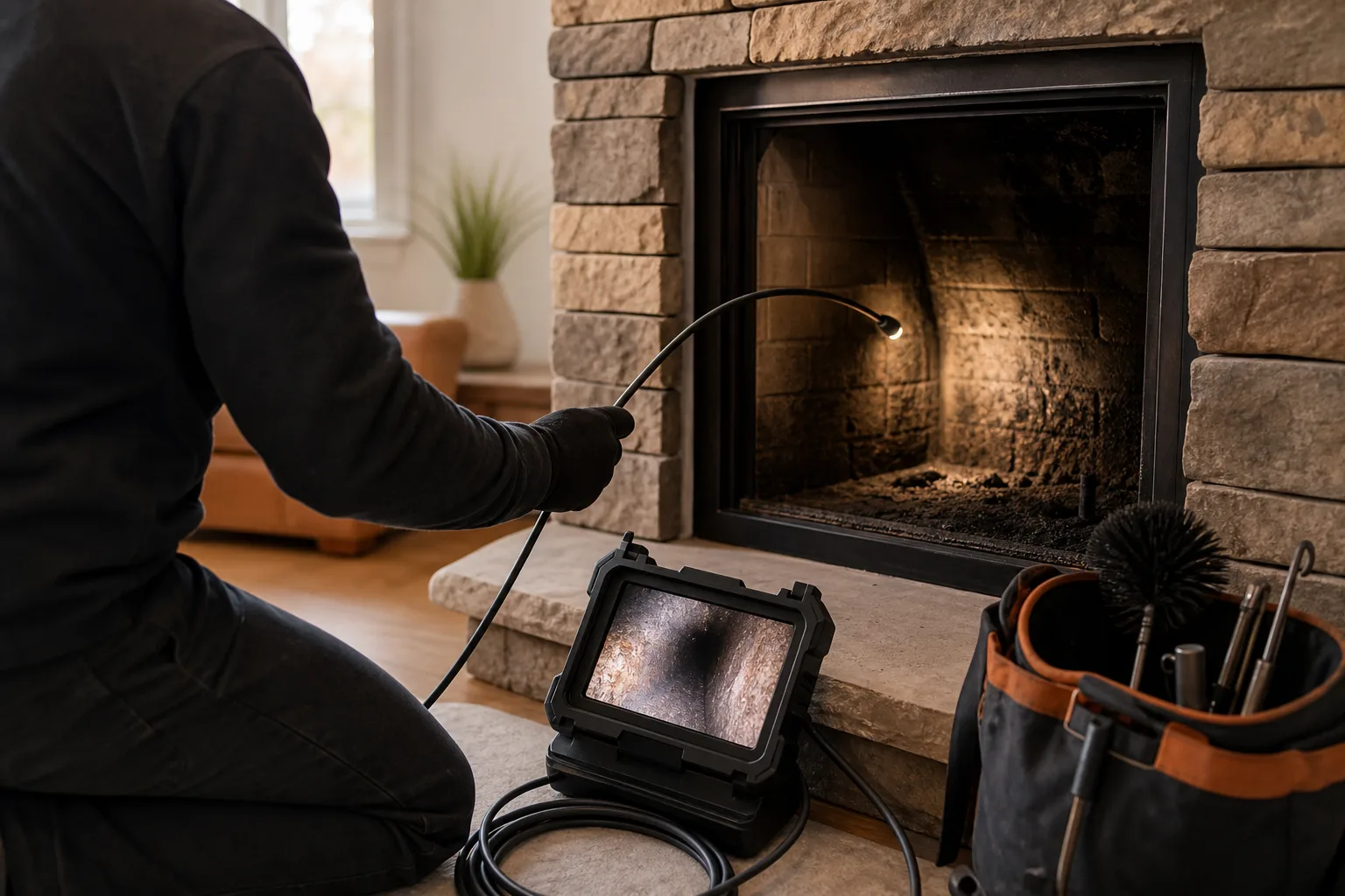 Technician inspecting a wood burning chimney flue for creosote buildup