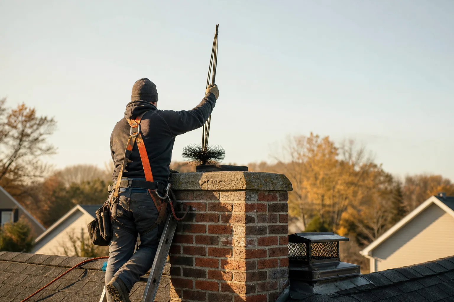 Roof technician sweeping a brick chimney with rods and protective equipment