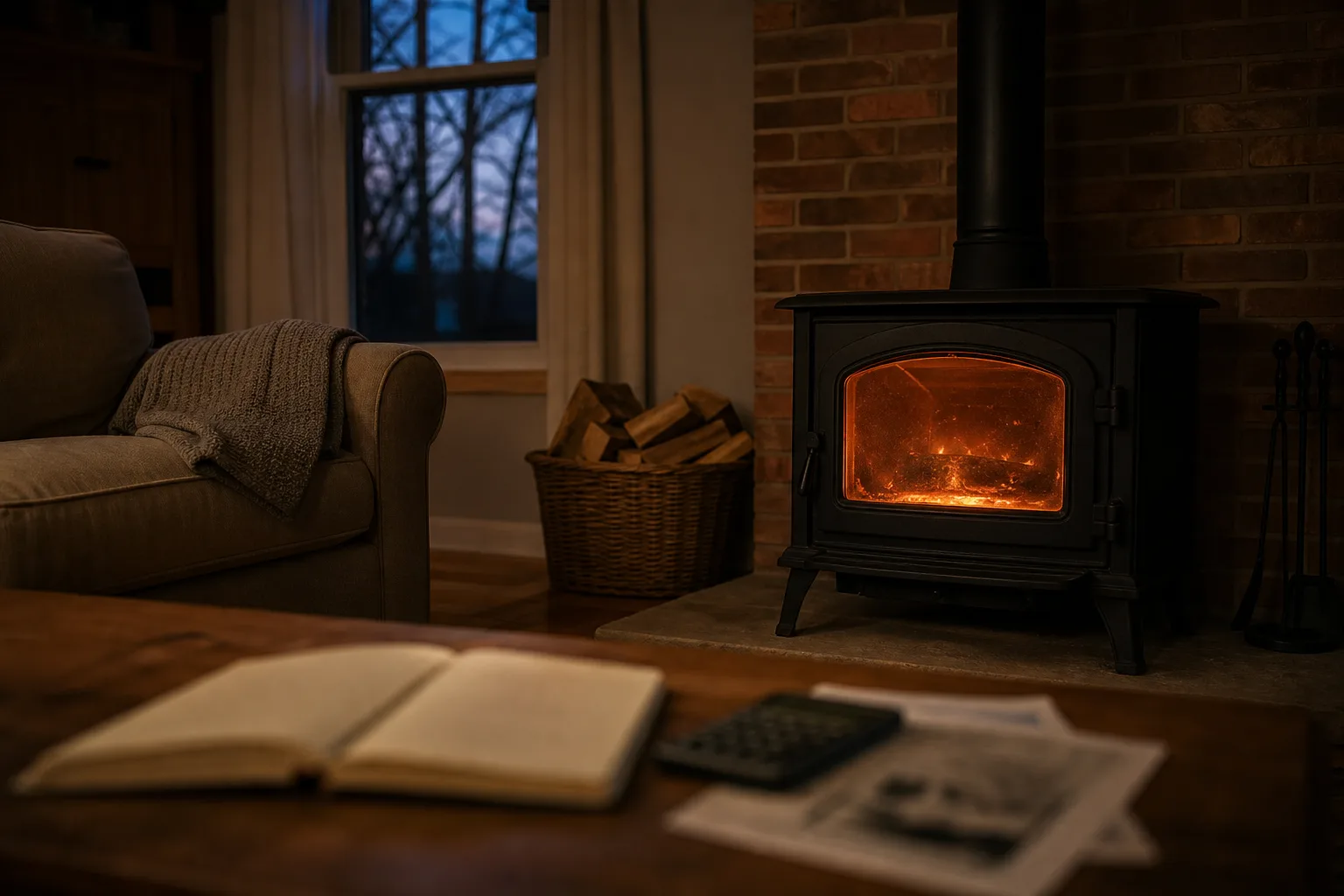 Wood stove installation cost budgeting: a wood stove burning in a dim living room with paperwork on the coffee table