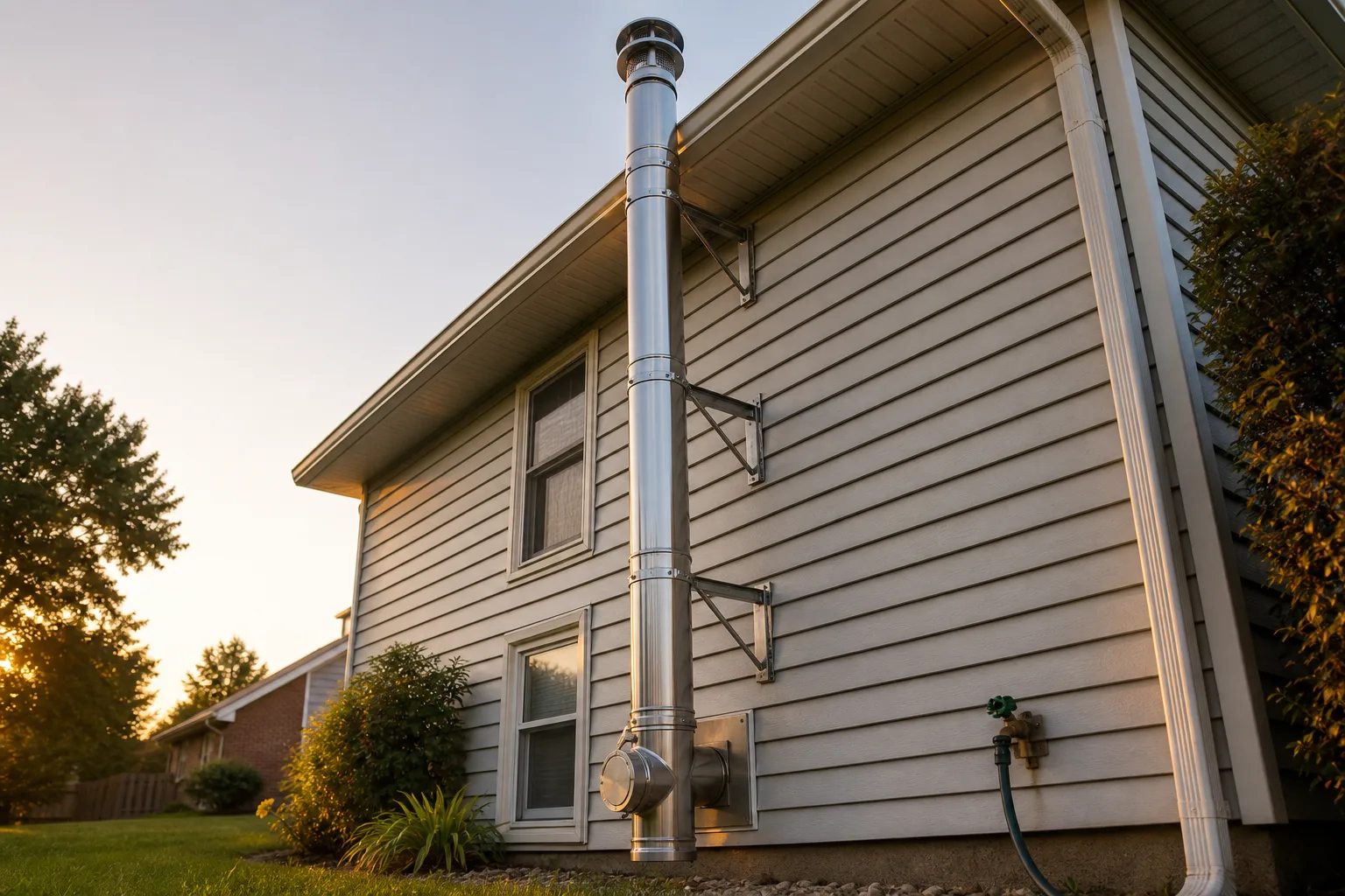 Wood stove installation cost drivers: stainless Class A chimney pipe running up the exterior wall of a house on brackets