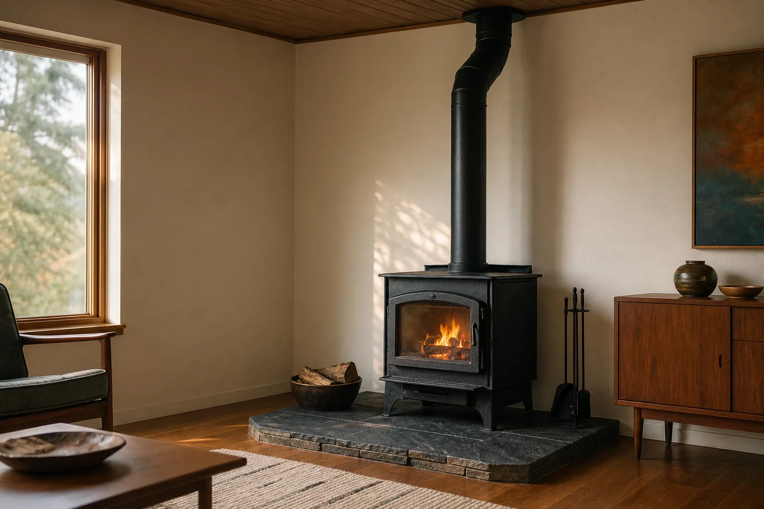 Wood stove installation cost: a black cast iron wood stove on a slate hearth pad with black connector pipe rising to the ceiling
