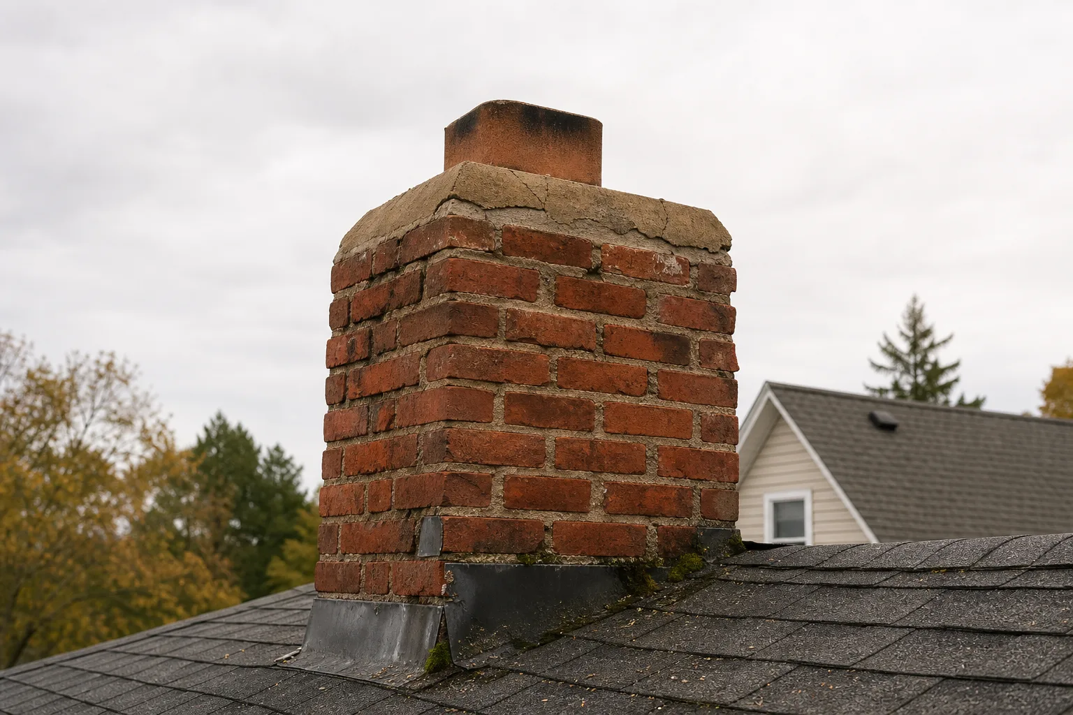 Wood stove installation cost and the chimney: a weathered brick chimney crown with cracked mortar and exposed clay flue tile