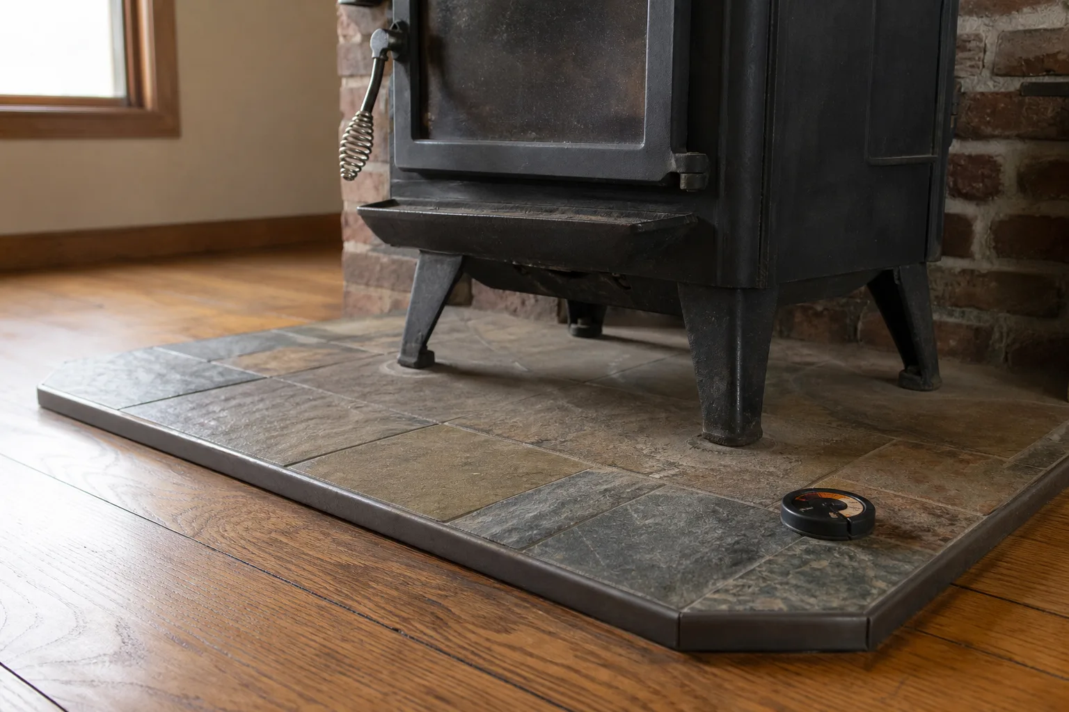 Wood stove installation cost components: a wood stove base on a UL-listed hearth pad over hardwood flooring