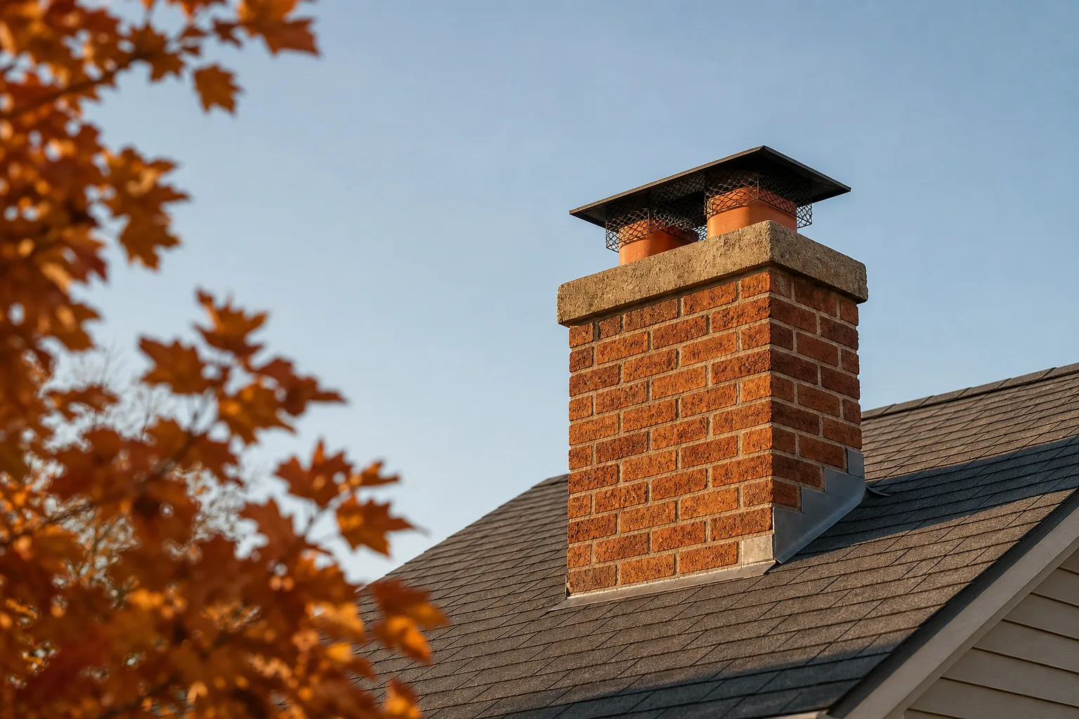 how often should you clean your chimney: a brick chimney stack with clay flue tiles and a steel cap on a shingled roof