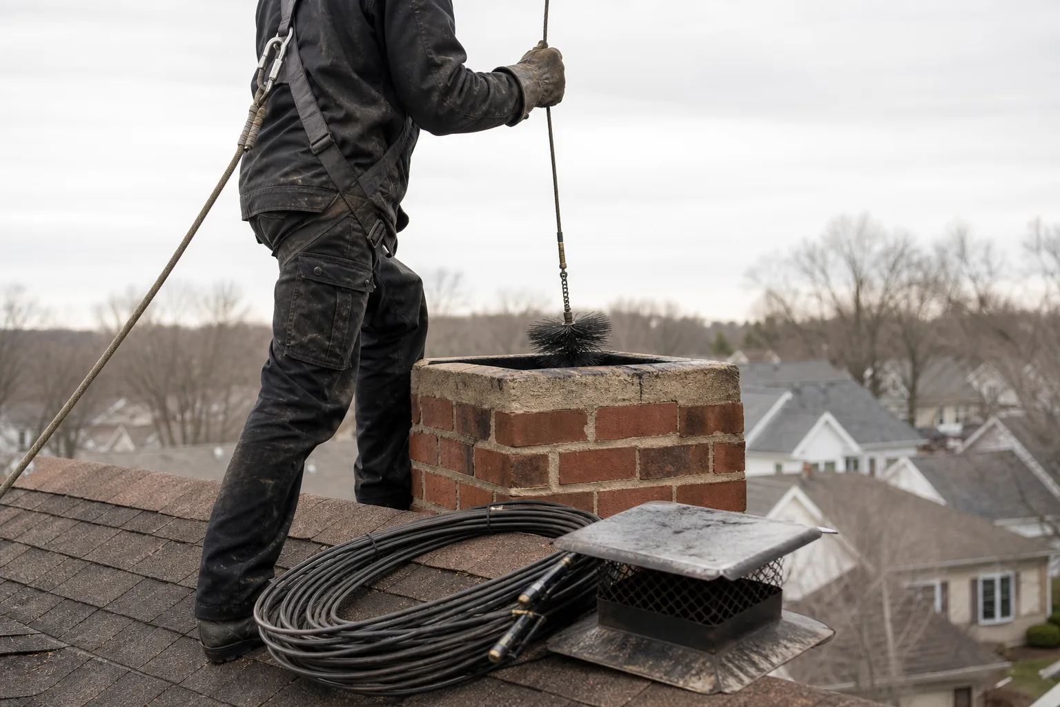 how often should you clean your chimney: a sweep feeding a flue brush down a brick chimney from the roof