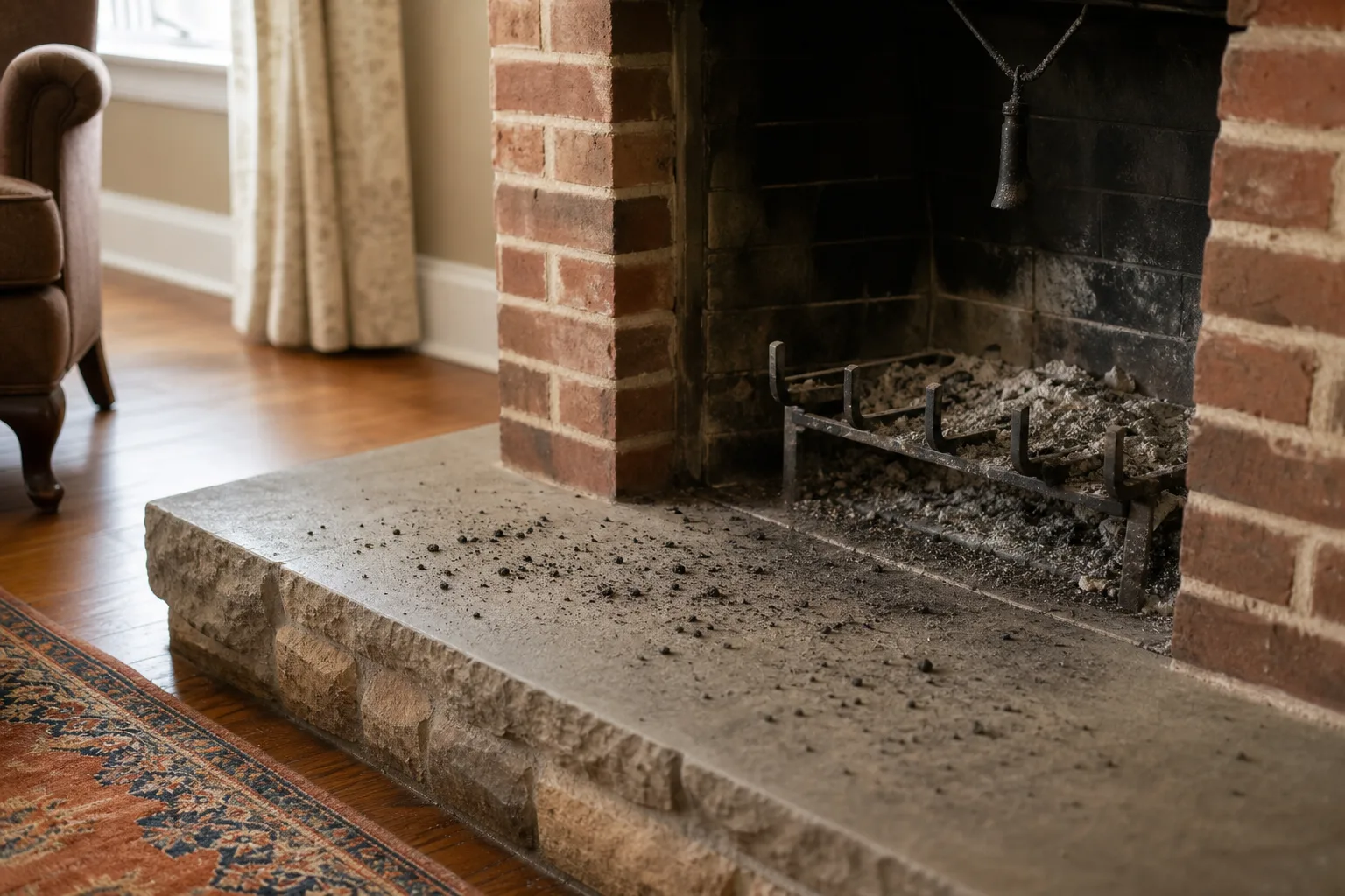 how often should you clean your chimney: black creosote flakes fallen onto the hearth in front of an unlit fireplace