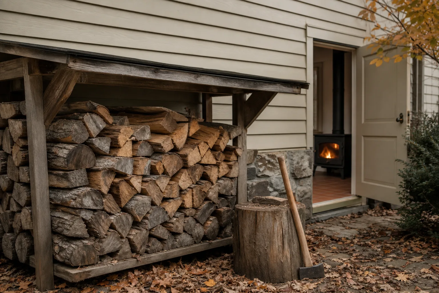 how often should you clean your chimney: a stacked cord of seasoned firewood beside a house with a wood stove