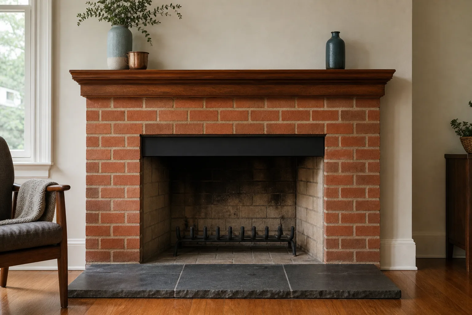 Fireplace smoke guard fitted beneath the lintel of the same fireplace with clean unstained brick above the opening