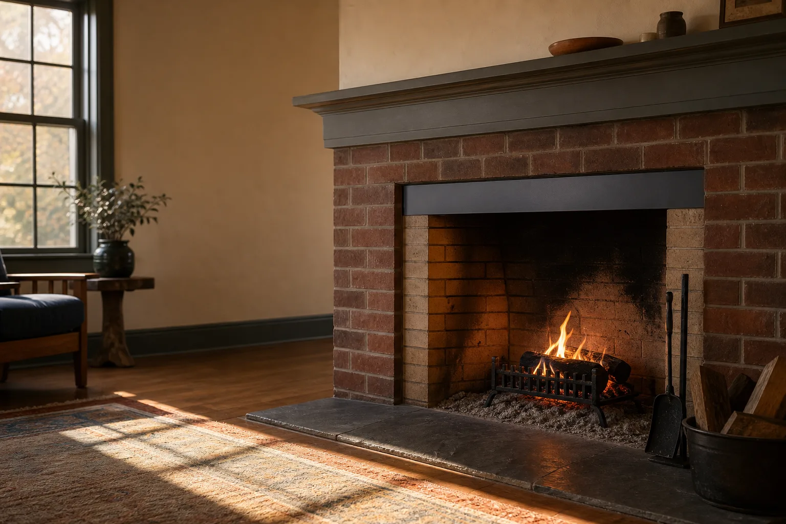 Fireplace smoke guard installed under the lintel of a brick masonry fireplace with a fire burning cleanly