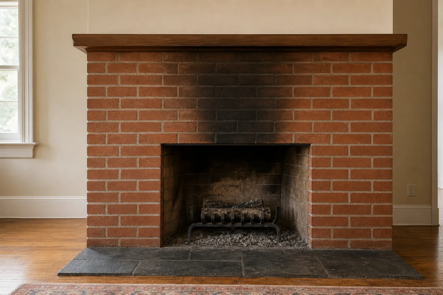 Fireplace smoke guard candidate: soot staining above a brick fireplace opening from repeated smoke rollout