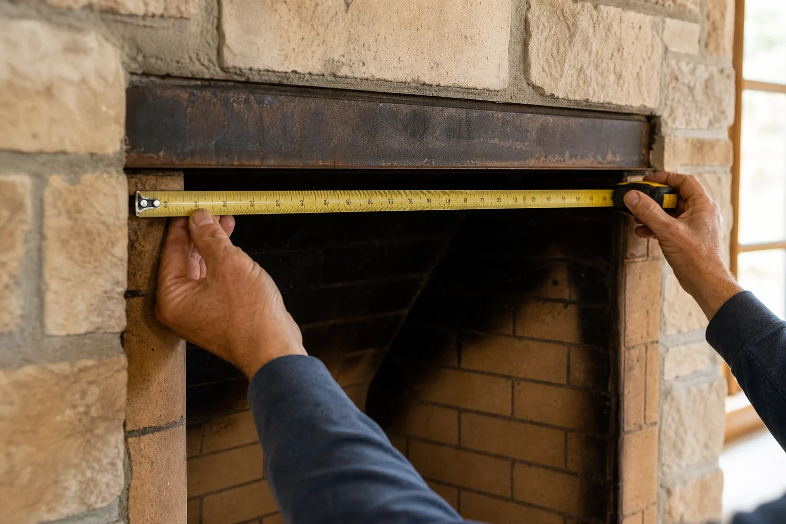 Fireplace smoke guard sizing: a tape measure stretched across the width of a masonry fireplace opening
