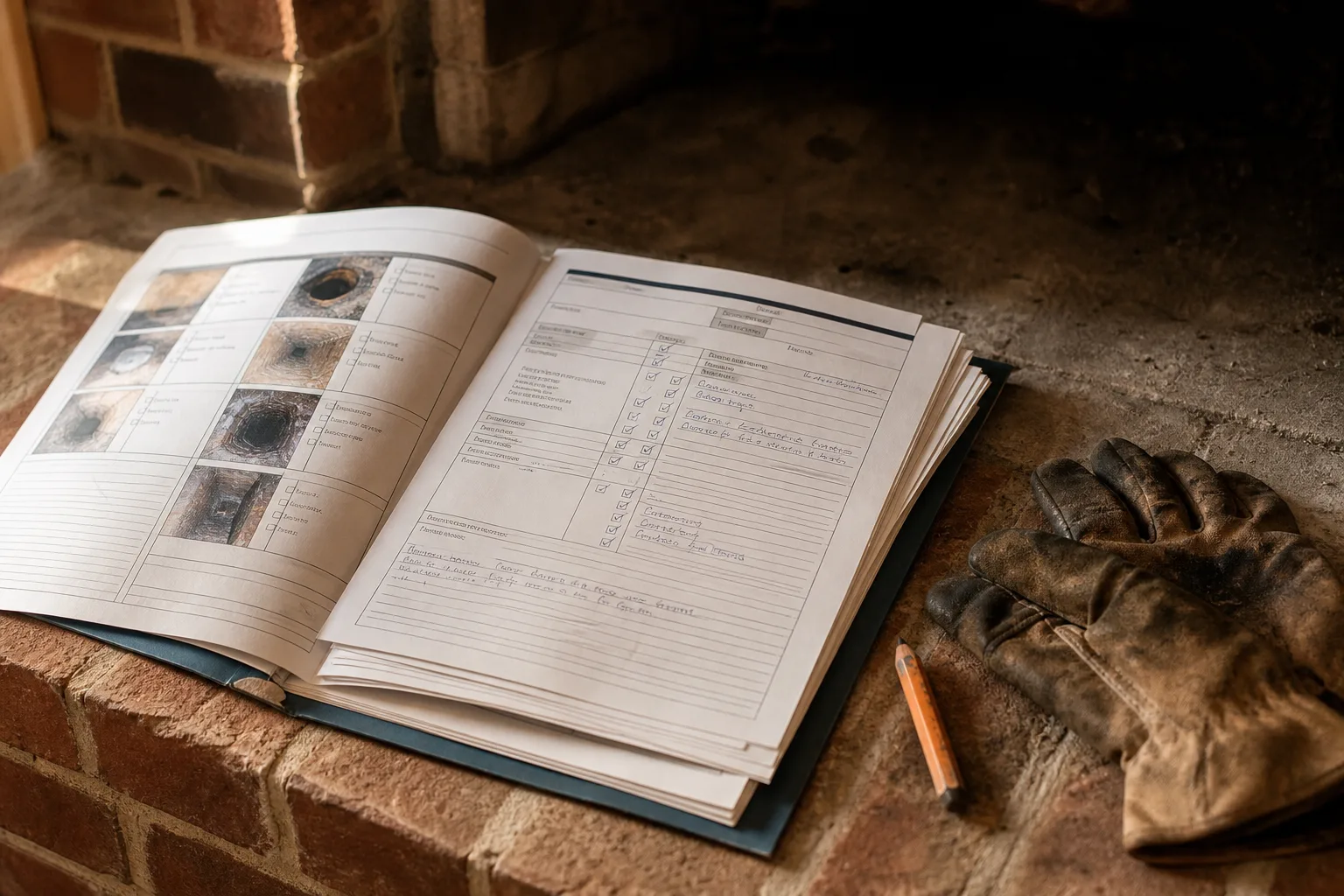Chimney safety inspection report: a printed multi-page findings document with photographs resting on a brick hearth beside work gloves