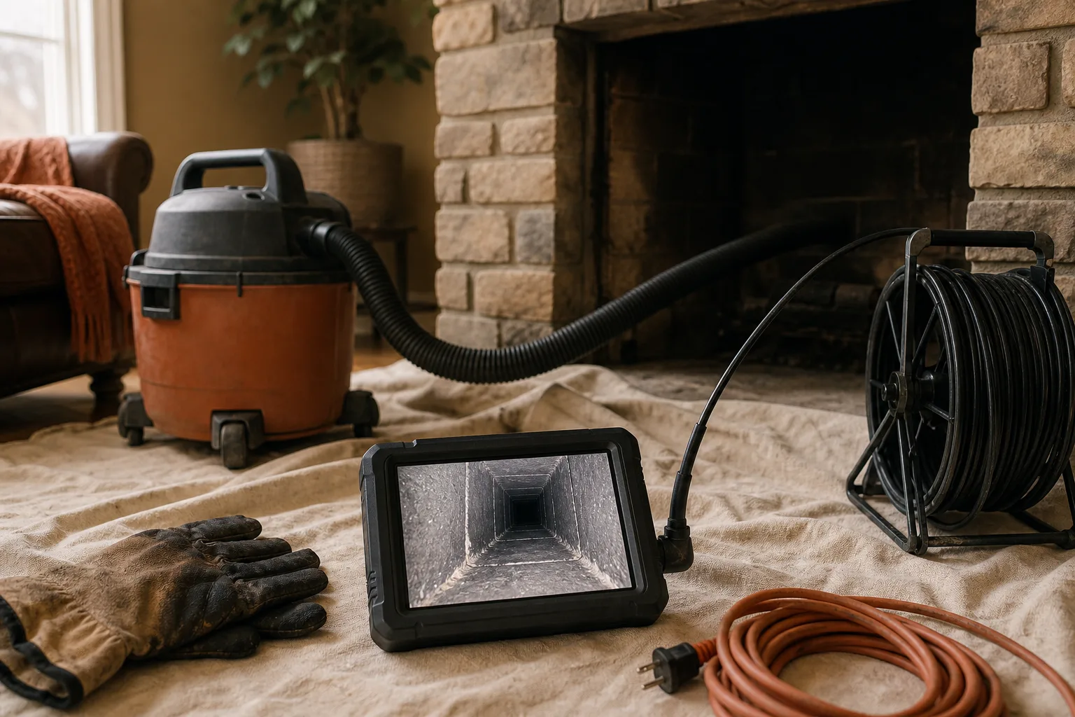 Chimney safety inspection Level 2 equipment: a flue camera on a cable feeding a handheld monitor on a drop cloth at the hearth