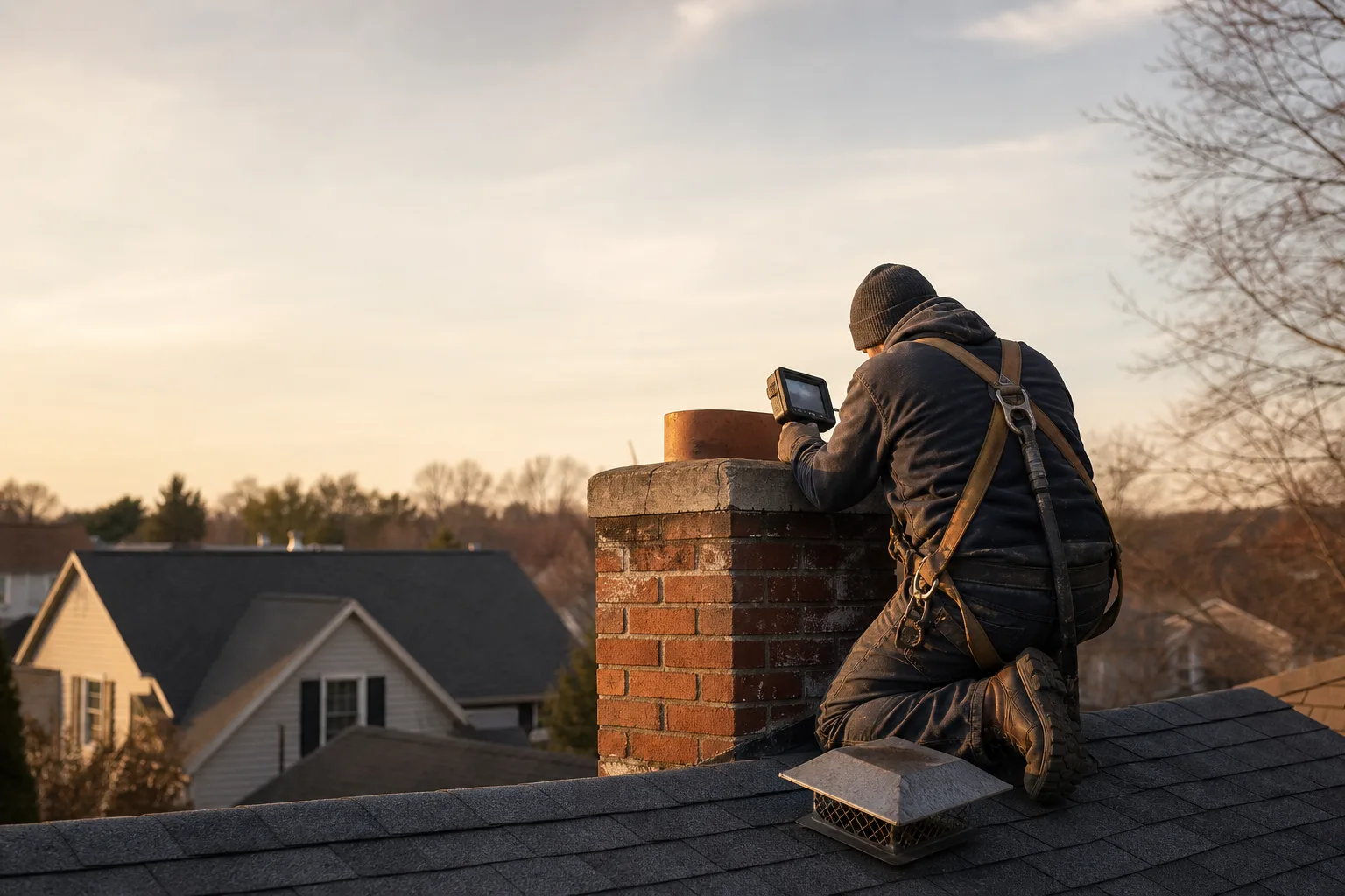 Chimney safety inspection on a roof: a harnessed technician examining the flue opening at the top of a brick chimney stack at golden hour