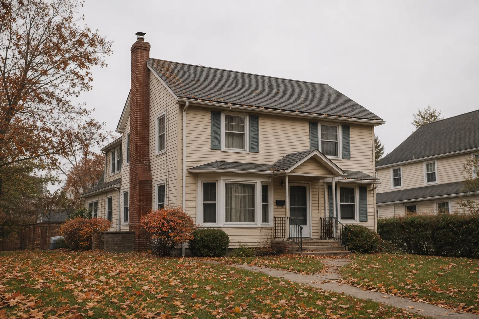 Chimney safety inspection season: a brick chimney stack on a lived-in suburban house on an overcast autumn morning
