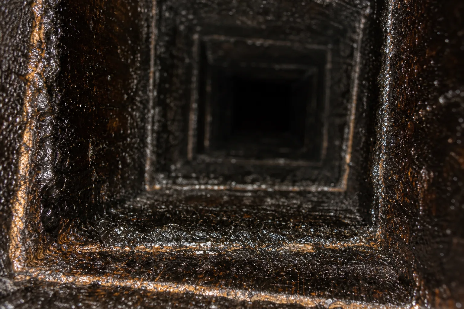 Chimney safety inspection finding: glossy stage three glazed creosote coating the inside walls of a clay tile chimney flue