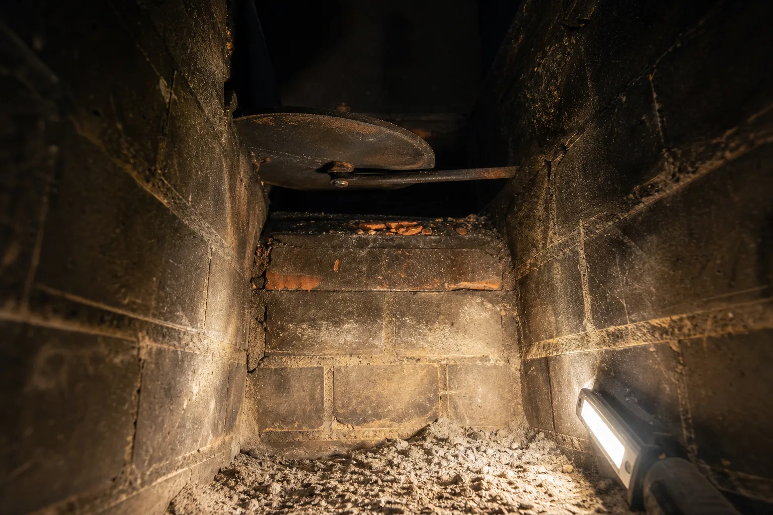 Chimney safety inspection view inside the firebox: a rusted cast-iron damper and the sooty smoke shelf lit by an inspection light