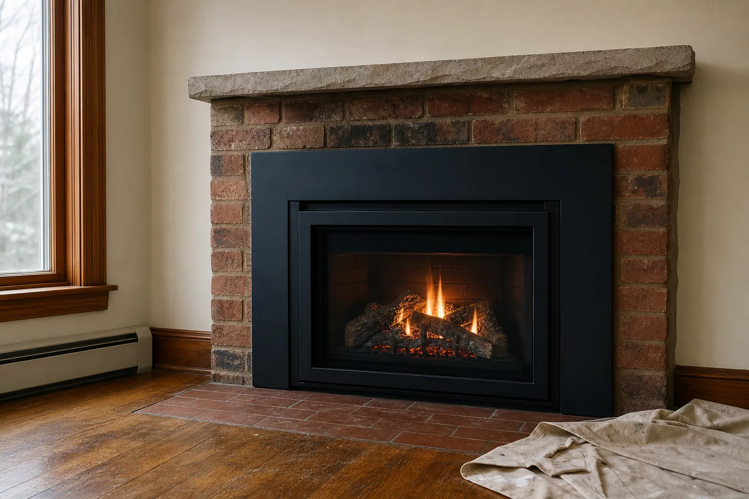 Fireplace installation cost by type: a direct vent gas insert set into an existing masonry opening