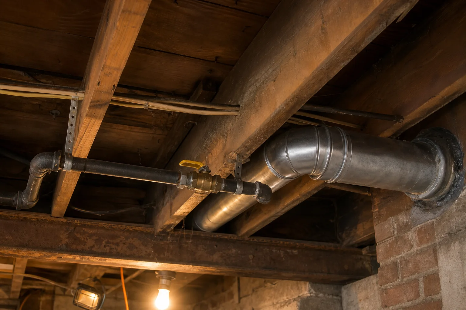 Fireplace installation cost line items: gas piping and coaxial direct vent pipe run through a basement joist bay