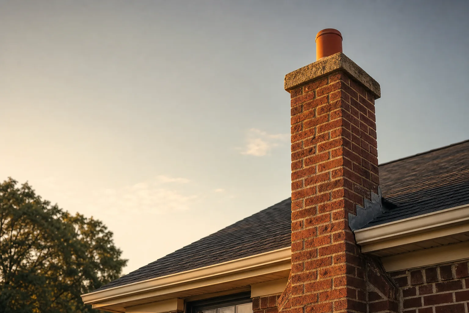 Fireplace installation cost starts with the chimney: a brick stack and clay flue tile on an older American home