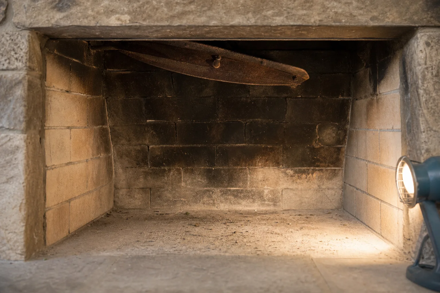 Fireplace installation cost for an existing fireplace: firebrick, soot and a rusted damper inside an old masonry firebox