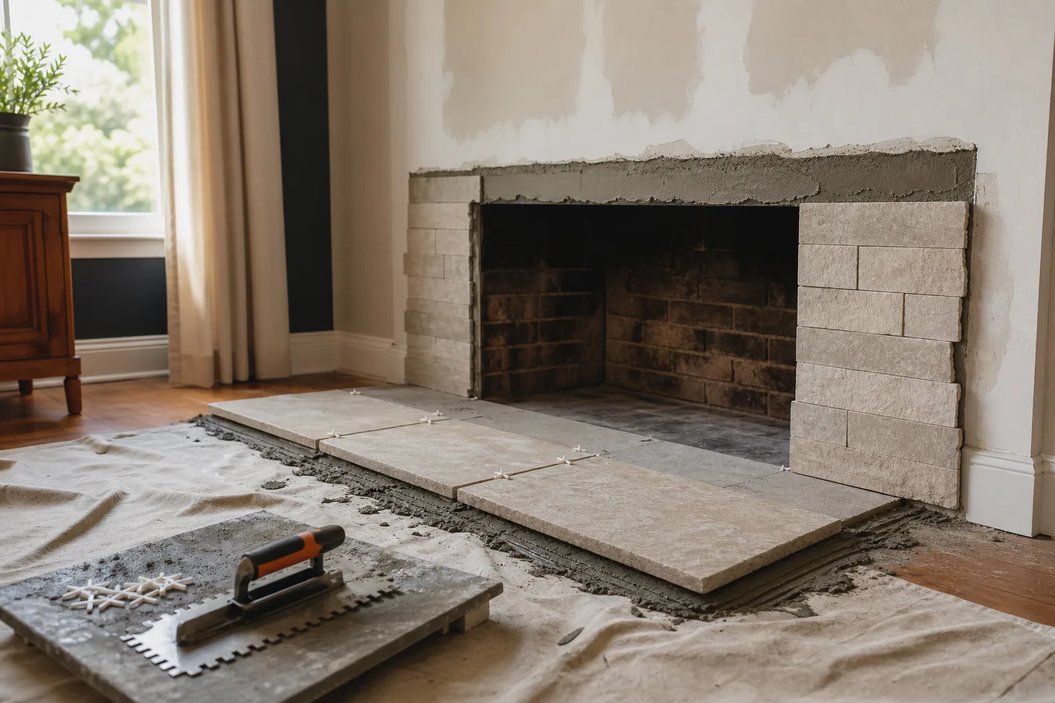 Fireplace installation cost often overlooks finish work: a stone hearth extension and surround being set