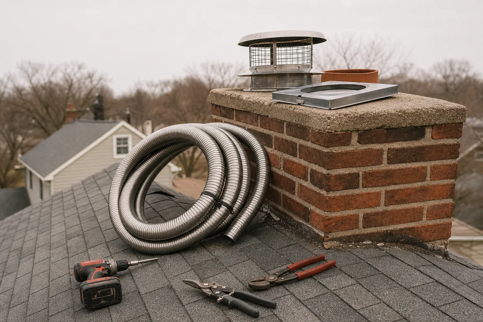 Fireplace installation cost is driven by venting: a stainless chimney liner coiled on the roof before it drops down the flue