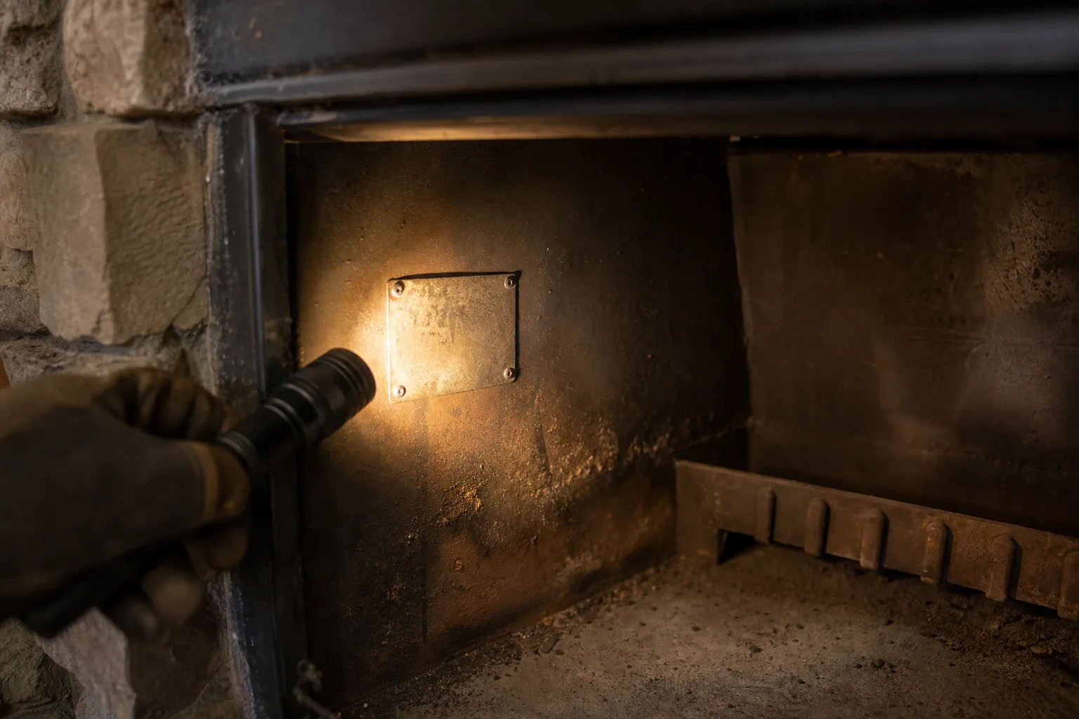 convert gas fireplace to wood: a flashlight beam picking out the appliance rating plate on the side wall inside a firebox