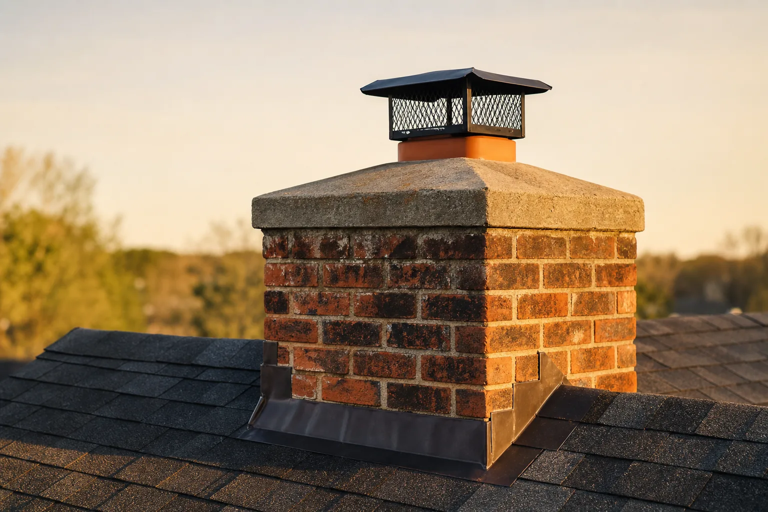 convert gas fireplace to wood: a masonry chimney crown with clay flue tile and a mesh spark arrester cap above a shingle roof