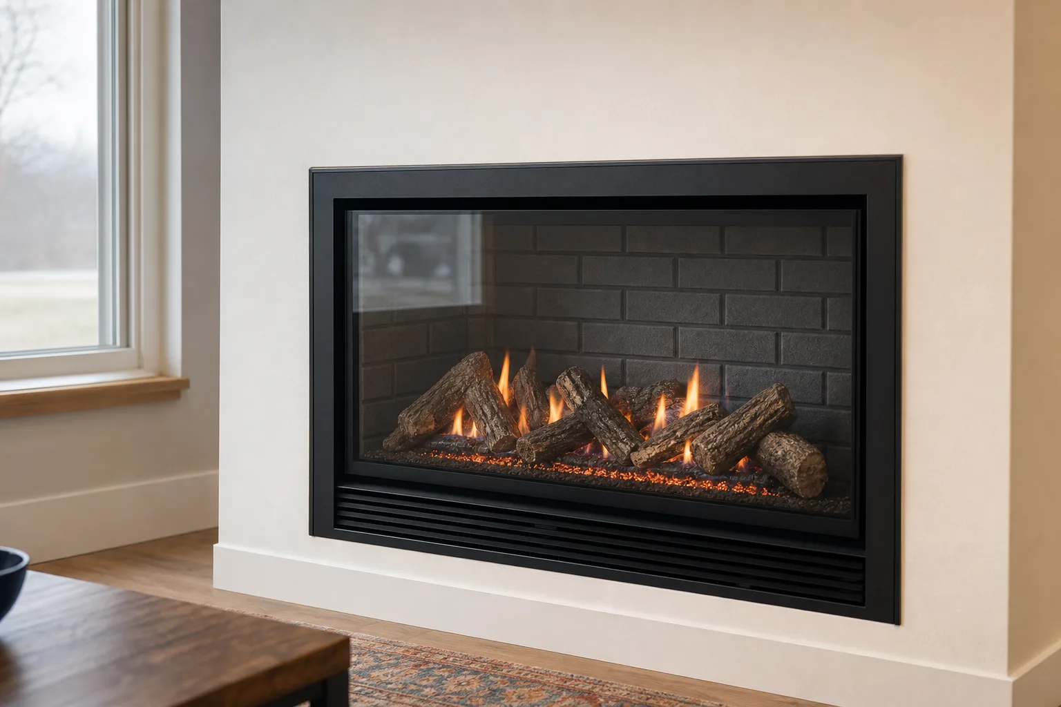 convert gas fireplace to wood: a sealed factory-built direct-vent gas fireplace with fixed glass and a clean ceramic back panel