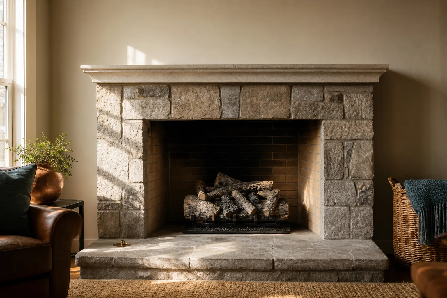 convert gas fireplace to wood: ceramic gas logs sitting in a firebrick masonry firebox with a brass key valve in the hearth