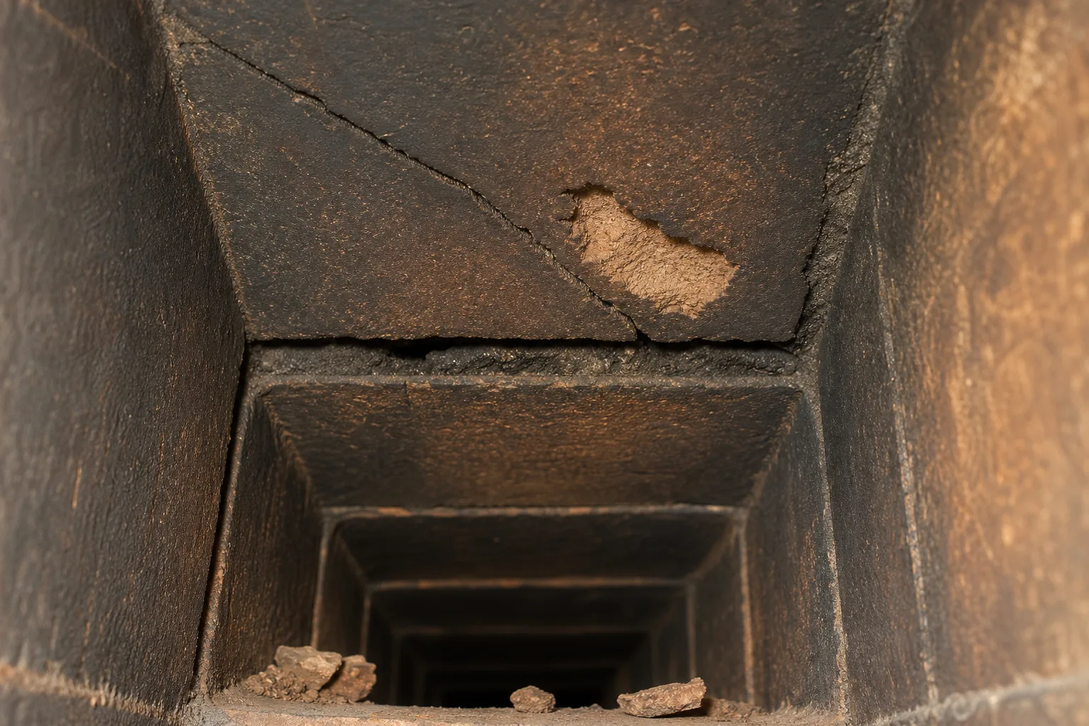 clay flue liner in deteriorated condition with a cracked tile face, spalling, and an open mortar joint