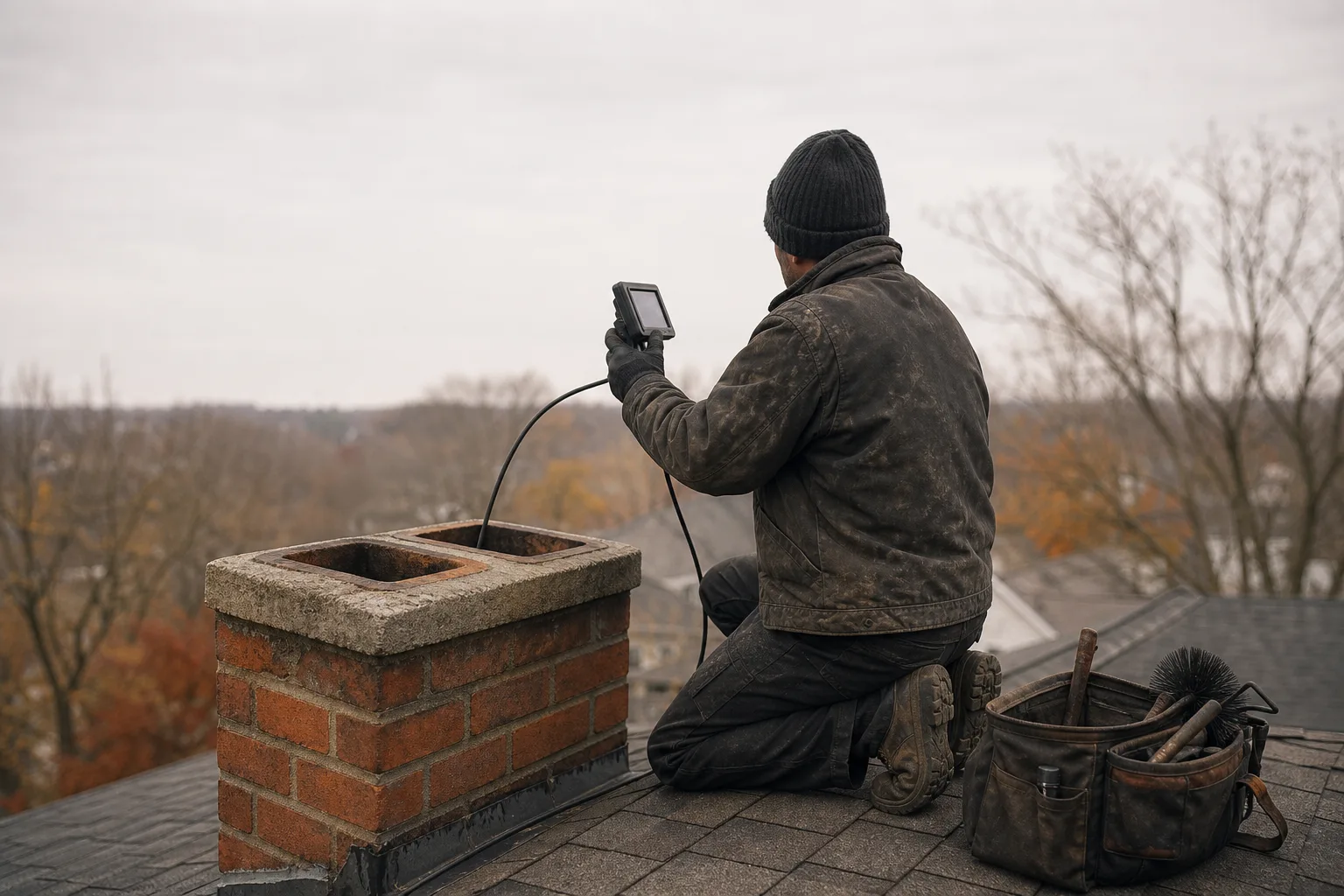 clay flue liner being inspected with a camera scan fed down the chimney from the roof