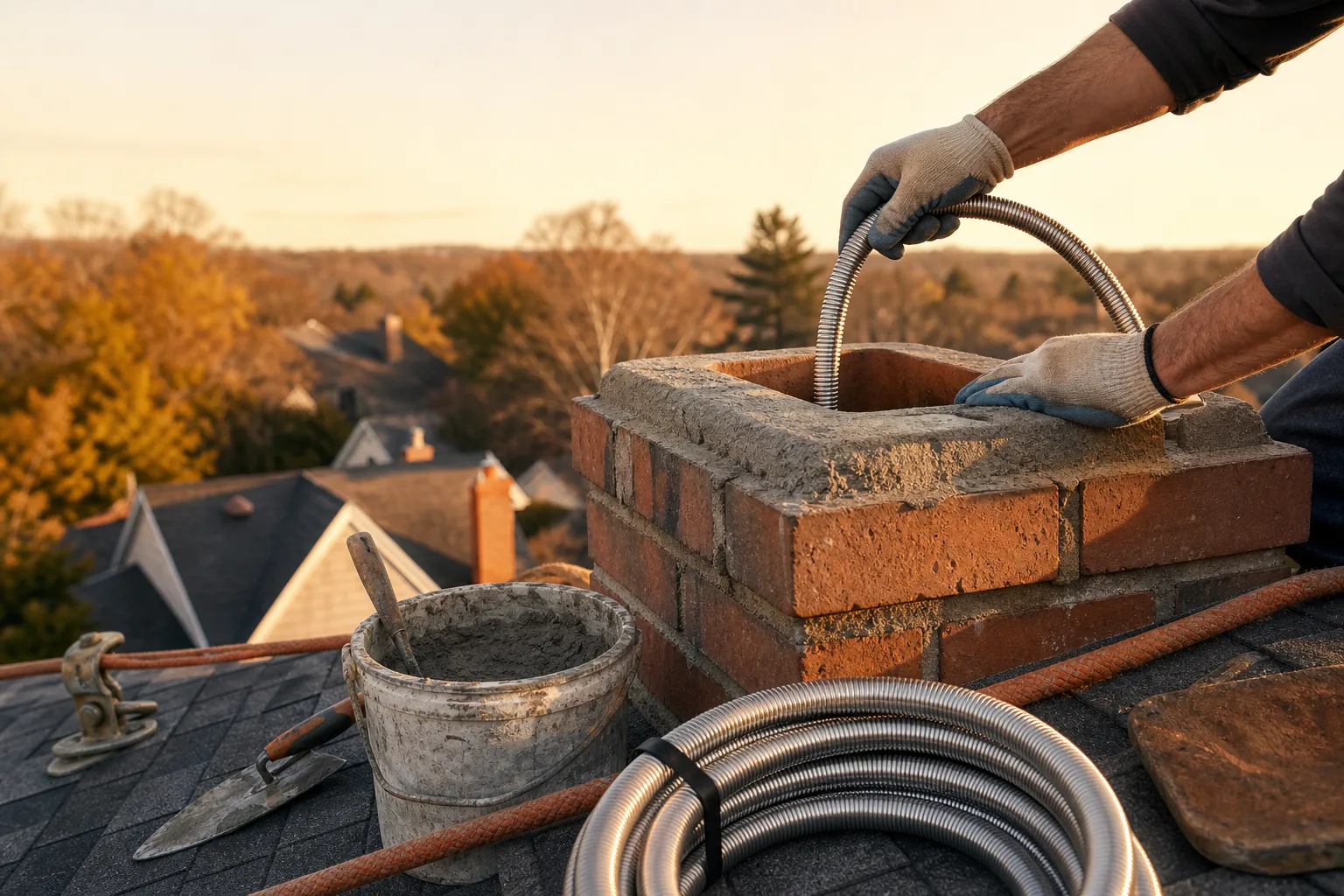 clay flue liner being relined with a flexible stainless steel liner fed in from the chimney top