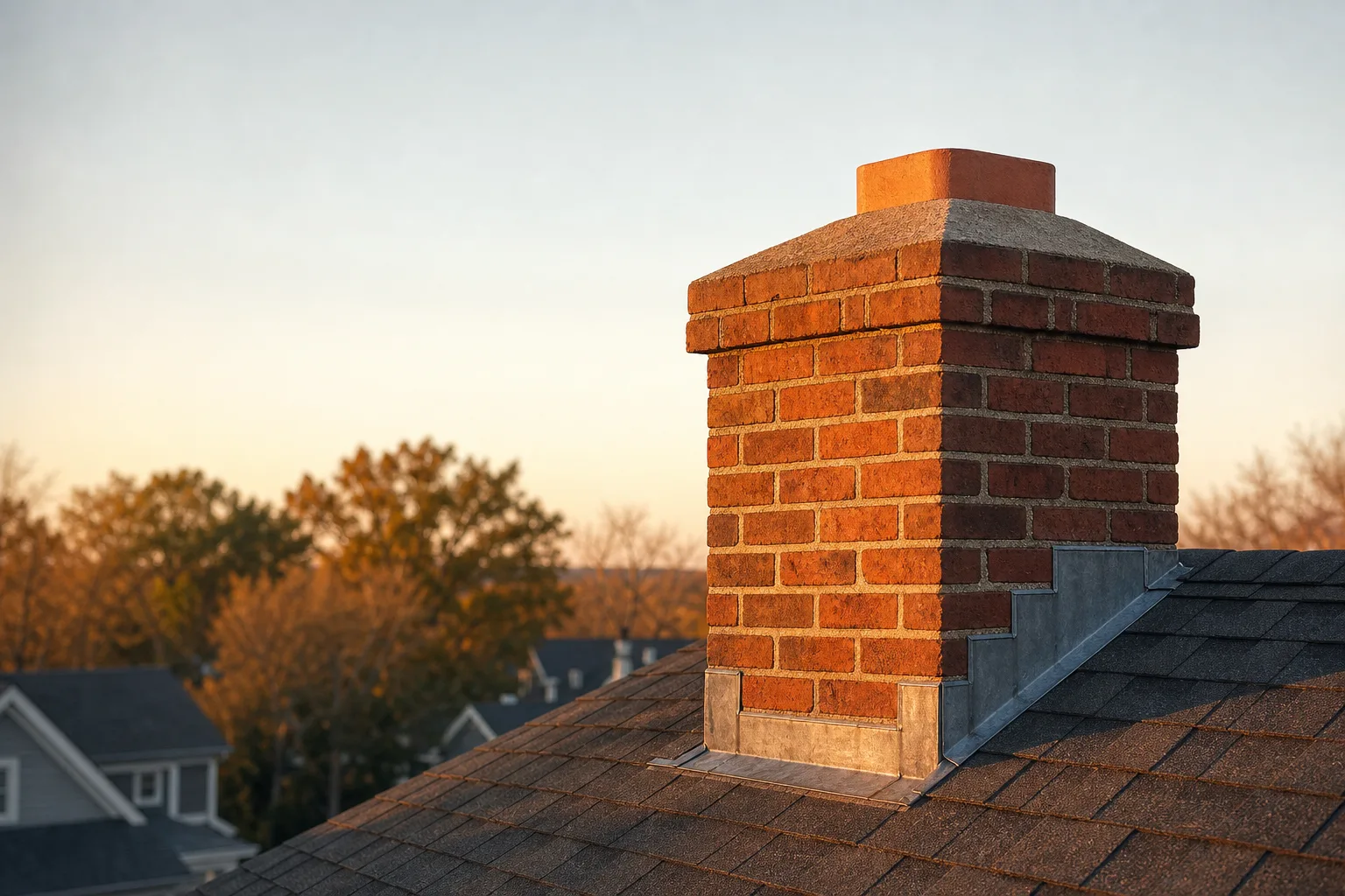 clay flue liner tile projecting above the mortar crown of a brick chimney at golden hour