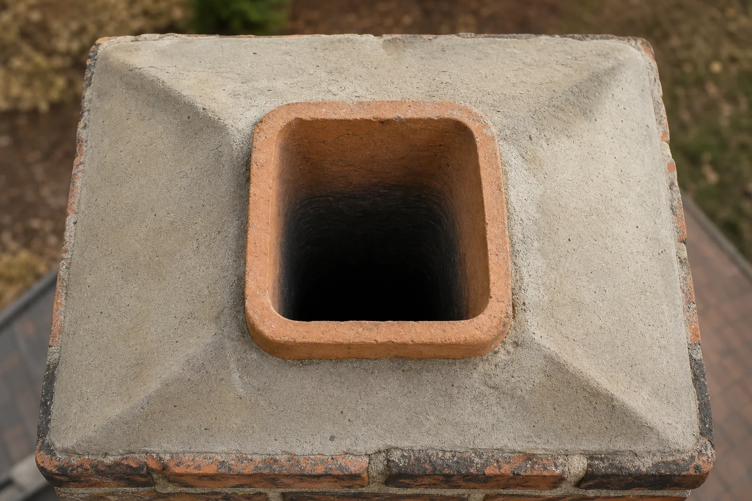 clay flue liner opening seen from directly above the chimney crown, showing the smooth inner bore