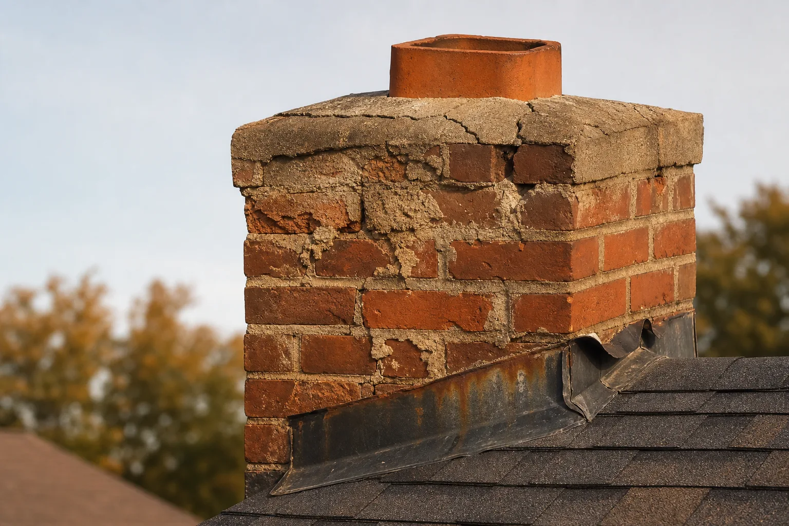 Chimney repair warning signs include spalled bricks and rust-stained flashing