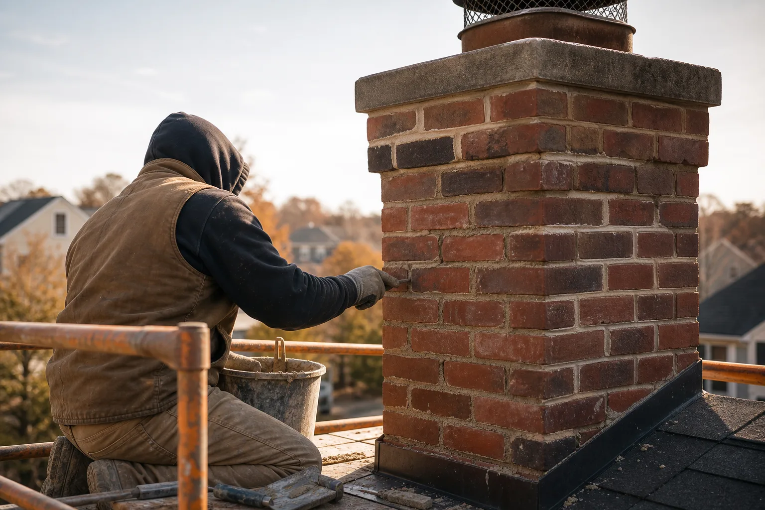 Fireplace chimney repair mason repointing weathered joints on a brick stack
