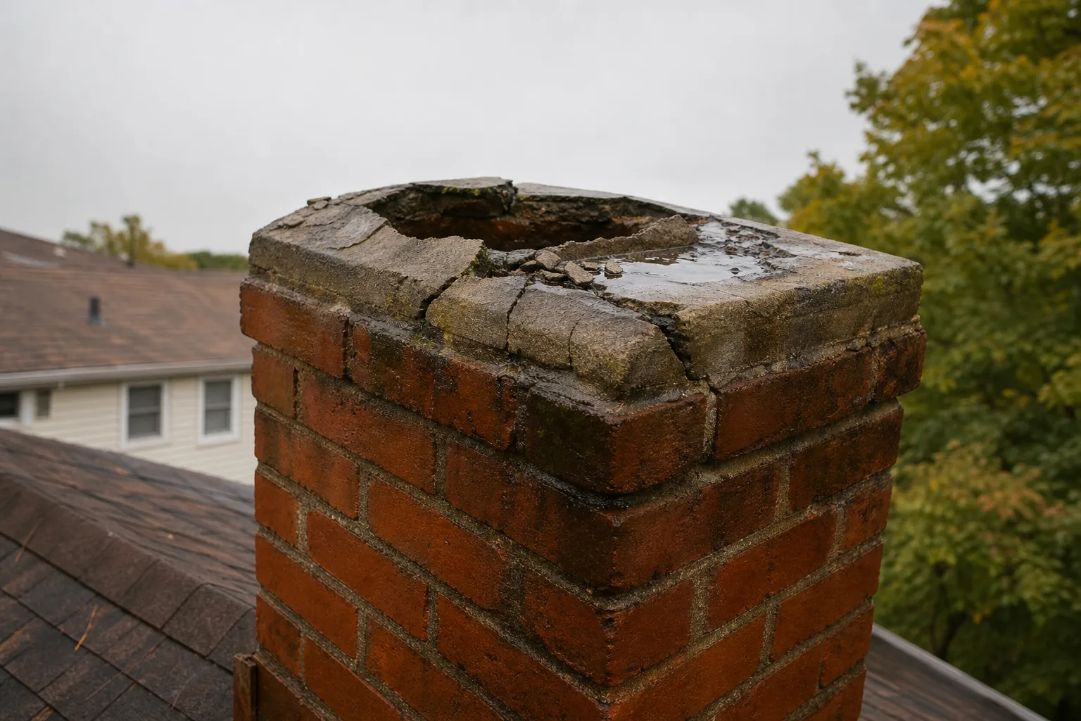Fireplace chimney damage from a cracked crown and rain-soaked masonry