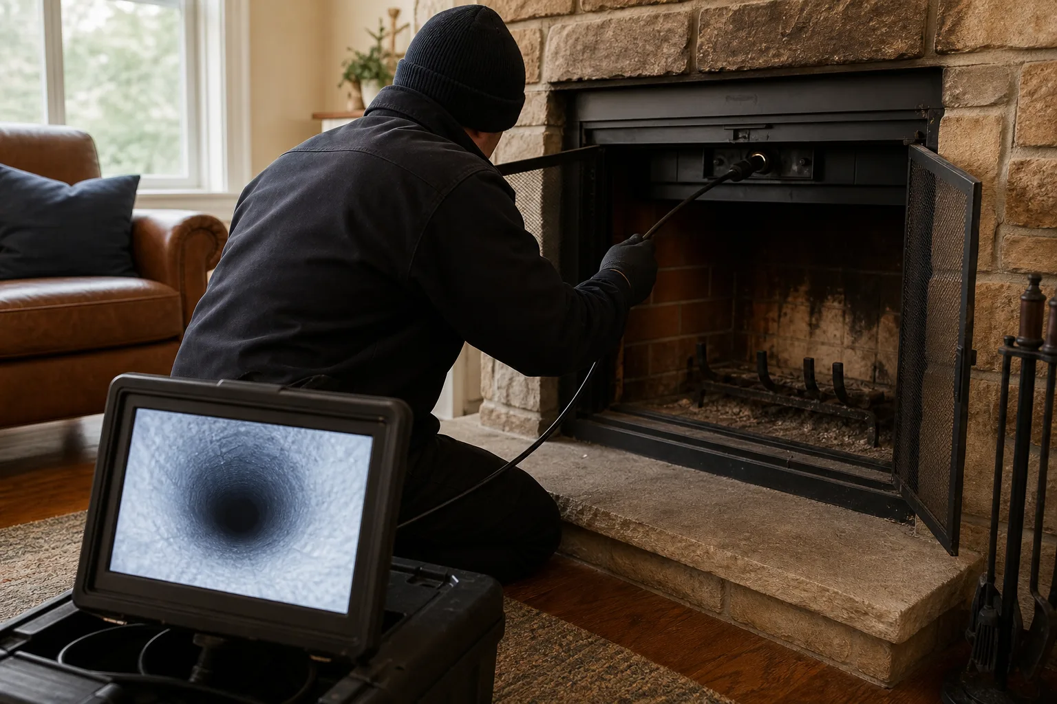 Fireplace chimney inspection technician reviewing flue camera footage beside the hearth