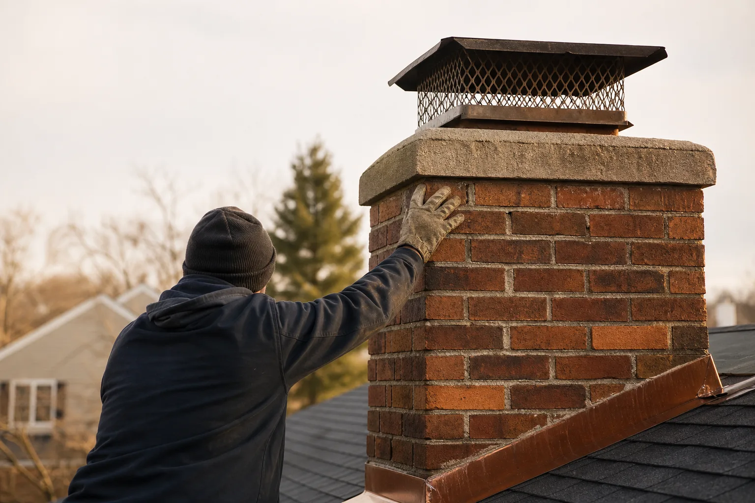 Fireplace chimney repair inspection showing the cap, crown, flashing, and masonry